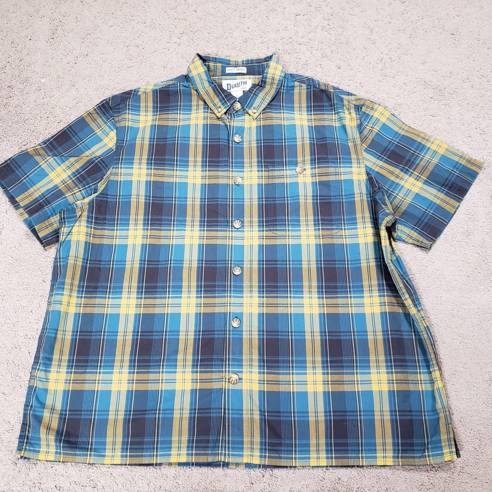 Duluth Trading Shirt Mens XL BBQ Relaxed Fit Untucked Plaid Blue Yellow Hiking